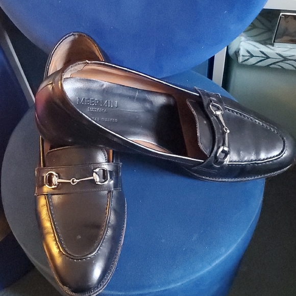 Meermin  Black Leather Loafers with Silver Buckle Detail